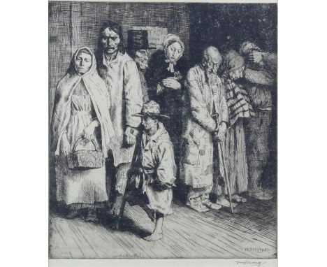 William Strang (British, 1859-1921) "The Causes of the Poor" (1893), etching. Signed in pencil to margin. Framed and glazed. 