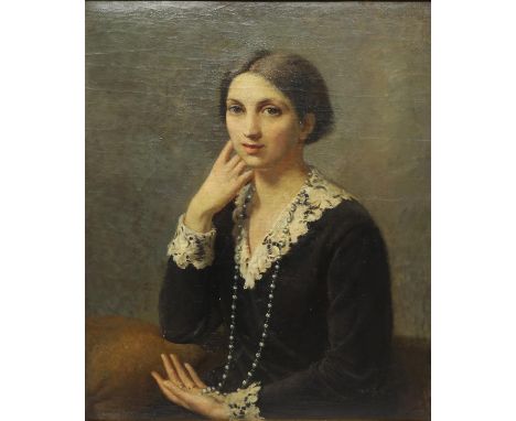 § Lionel Ellis, (1903-1988). Portrait of Seated Woman with Necklace. Oil on canvas 1951. Signed and dated lower right. 76 x 8