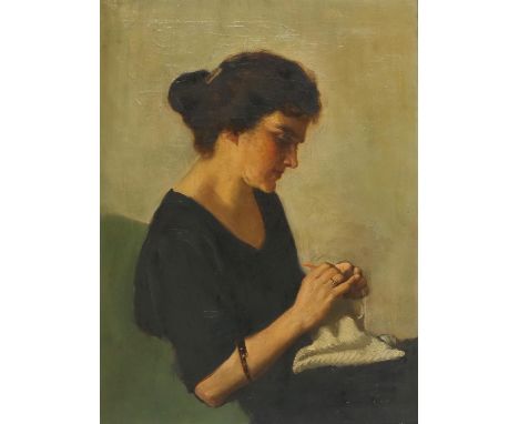 Salomon van Abbe (Dutch/British, 1883-1955) Portrait of a woman knitting. Oil on canvas. Signed 'S. VAN ABBE' to reverse of f