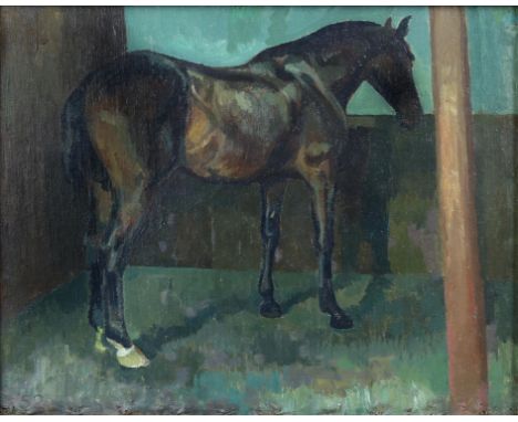 § Lionel Ellis (1903-1988). Dark Horse in a Stable. Oil on board, unsigned but dated 1952 lower left. 43 x 51cm. Lionel Ellis