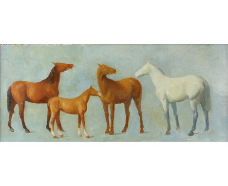 § Lionel Ellis (1903-1988). Four horses on a blue ground. Oil on board, unsigned. 34 x 69cms. Lionel Ellis ARCA (1903-1988) w
