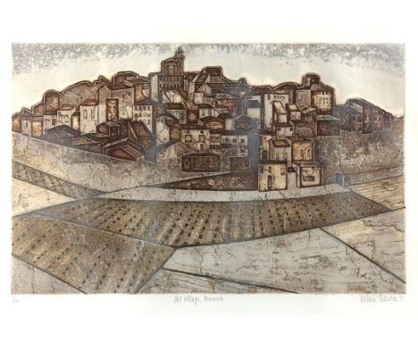 Valerie Thornton (British, 1931-1991). 'Hill Village, Navame'. Limited-edition lithograph. Signed, titled, numbered (1/150) a
