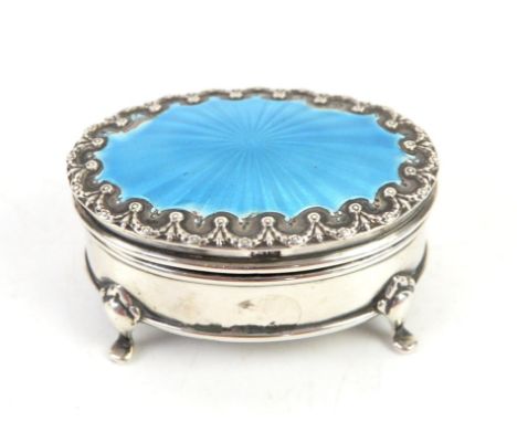 Silver and blue Guilloche enamel trinket box, sat on four cabriole legs by Henry Clifford Davis, Birmingham 1910Condition Rep