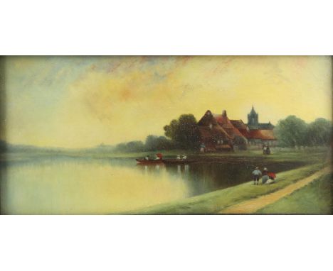 Northern European landscape with lake and figures to foreground. Oil on canvas. Framed and glazed. Image size 23 x 49cm. With