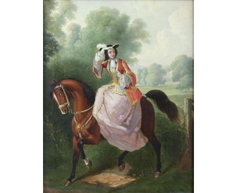 Nineteenth-century English School, portrait of a lady on horseback. Oil on canvas. Unsigned. Framed. Image size 48.5 x 38cm. 