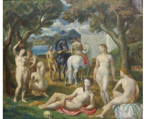 § Lionel Ellis.(1903-1988) Classical Scene with Nudes and Horses in a Coastal Garden. Oil on canvas, unsigned. LSWR Waterloo 