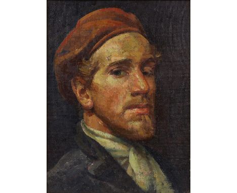 § Lionel Ellis. (1903-1988) Self Portrait of the Artist wearing a Red Beret. Oil on board, unsigned. 45 x 35cms. Lionel Ellis