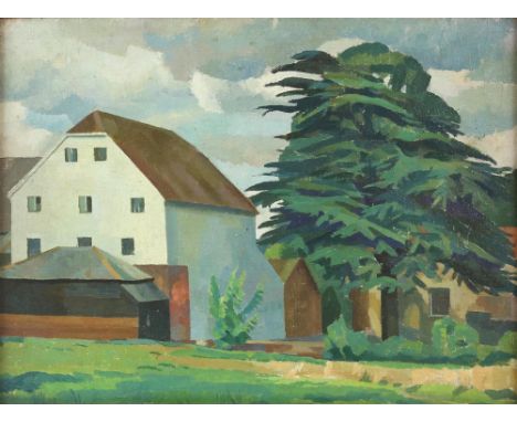 § Lionel Ellis. (1903-1988) House by a Cedar Tree. Oil on board, unsigned, inscribed verso Cedars. 43 x 54cm. Lionel Ellis AR