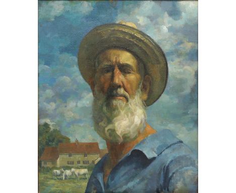 § Lionel Ellis.( 1903-1988)  Self Portrait with farm beyond. Oil on canvas, unsigned. 71 x 61cms Lionel Ellis ARCA (1903-1988