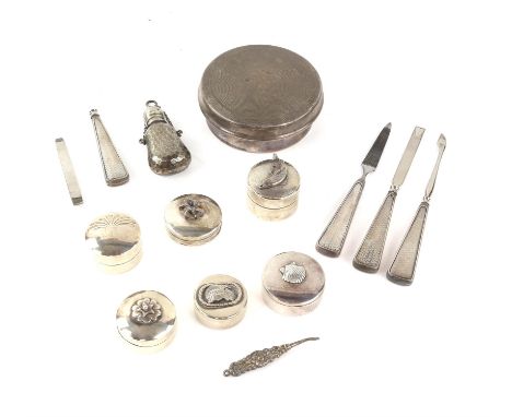 A group of miscellaneous items, including a trinket box, a scent bottle, six pill pots, a nail set and two loose items, all i