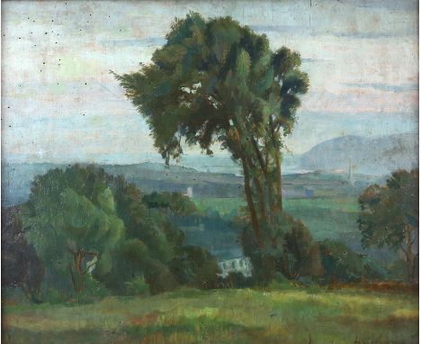 § Lionel Ellis (1903-1988). Houses in Wooded landscape. Oil on board, signed and dated lower right. Inscribed verso Peveril. 