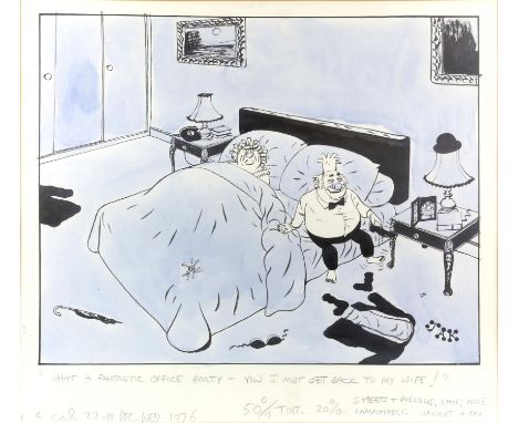 JAK (British, 1927-1997), 'What a fantastic office party -- now I must get back to my wife'. Ink and watercolour on paper.  W