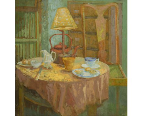 Peter Lloyd-Jones,&nbsp;British b.1956 -&nbsp;Round Table by Electric Light;&nbsp;oil on board, signed with initials lower ri