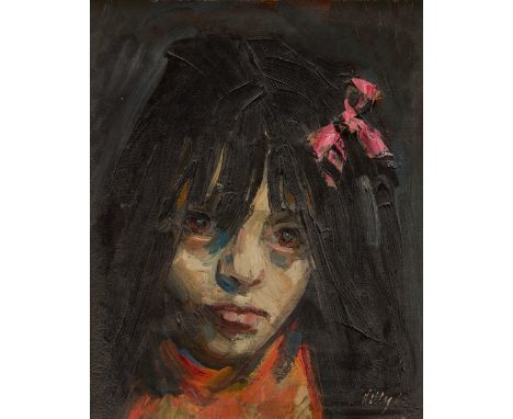 Harold Riley,&nbsp;British 1934-2023 -&nbsp;Portrait of a girl with a pink bow, 1962;&nbsp;oil on board, signed and dated low