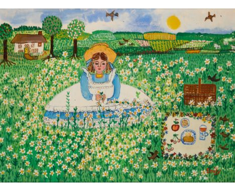 Emily M. Chrisp, British 1912&ndash;1974 -&nbsp;Young girl with picnic;&nbsp;oil o board, signed lower right 'Emily', 45.7 x 