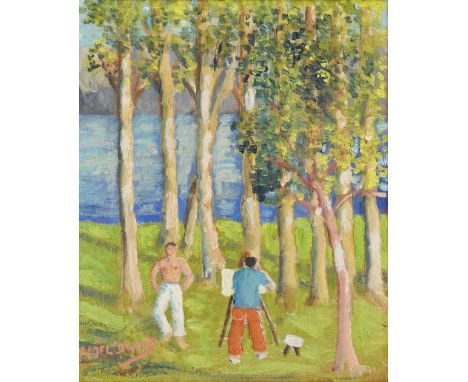 Sir No&euml;l Coward,&nbsp;British 1899-1973 -&nbsp;Artist and model amongst the trees;&nbsp;oil on board, signed lower left 