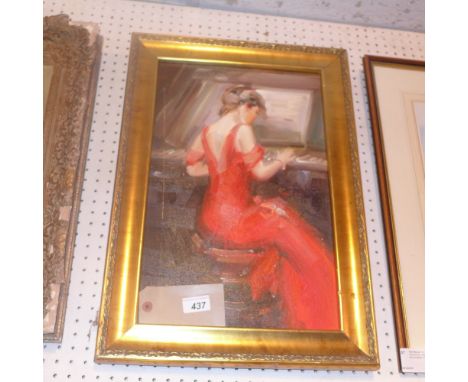 A contemporary oil on canvas depicting a lady in red dress playing a piano titled 'This song for you' in a gilt frame 