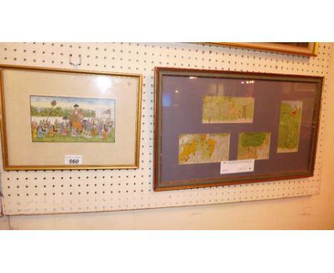 A hand painted Indian miniature depicting a royal procession together with an Indian hunting scene