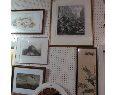A glazed and framed lithograph print 'The Second stage of Cruelty' together with a collection of other pictures 