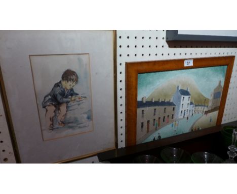 An oil on board by Jack Jones, a naive town scape scene in a maple frame and a watercolour portrait of a boy 