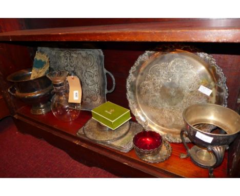 A collection of silver plated trays and coasters, including a Christofle boxed place setting, holders, wine bucket, claret ju