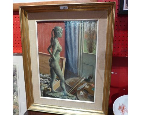 A 20th Century oil on board study of an artists room interior with nude sculpture signed K McKee