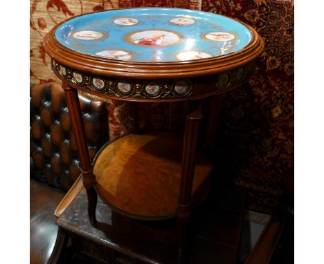 A good 19th century French walnut occasional table, the circular top inset with a Sevres blue celeste circular charger decora