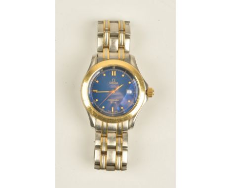 An Omega Seamaster 120 m steel and gilt metal circular cased gentleman's bracelet wristwatch, the signed blue dial with gilt 
