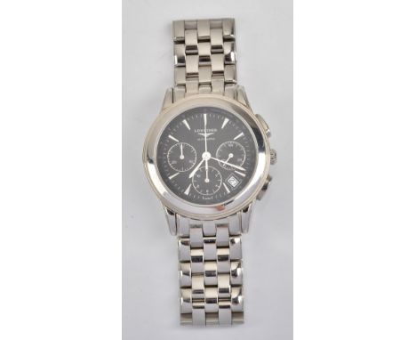 A Longines Flagship Automatic steel cased gentleman's chronograph wristwatch, the signed black dial with baton hour markers, 