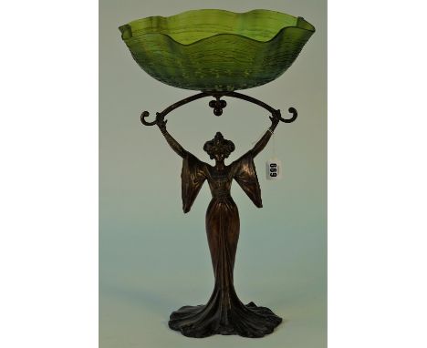 After Louis Auguste Moreau, a French Art Nouveau patinated spelter figure and green glass centrepiece bowl, detailed 'Aug.Mor