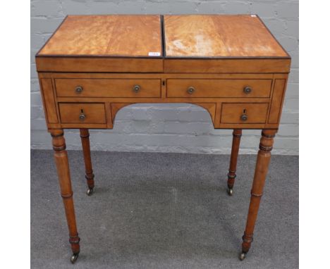 A late George III inlaid satinwood lift top dressing table, with one dummy and two true frieze drawers, on turned supports, 7