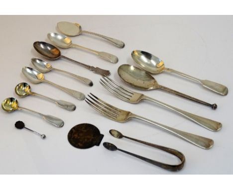 Silver flatware, comprising; two table forks, a dessert spoon, three teaspoons, a pair of salt spoons, another salt spoon, a 