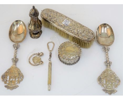 A pair of Dutch cast silver fancy spoons, English Import marks for London 1891, with figural scene, capitals, 20.7cm, inscrib