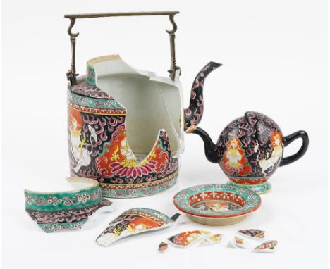 A Chinese Thai market benjarong porcelain cadogan teapot, 19th century, painted with the Buddhist deities Thepanom and Norasi