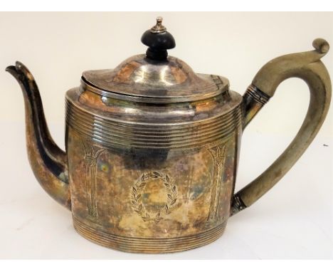 A George III silver teapot, of oval form, with engraved decoration between reeded bands, London 1798, gross weight 443 gms. C