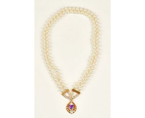 A gold, diamond, amethyst and cultured pearl necklace, the front claw set with a heart shaped amethyst and otherwise mounted 