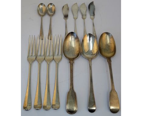 Silver table flatware, comprising; four three pronged table forks, in the 18th century taste, London 1966, three tablespoons,