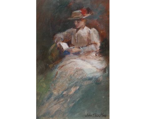 John Hesletine (British, b. 1923), A lady reading, signed 'John Heseltine' (lower right), oil on board, 21 x 12cmARR Conditio