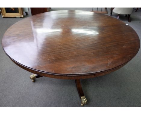 After Robert Jupe, a mahogany circular extending dining table on four downswept supports and brass paw feet, five extra halo 