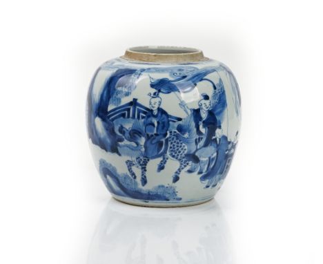 A Chinese blue and white oviform vase, late 19th century, painted in Transitional style with a procession of figures, 21cm hi