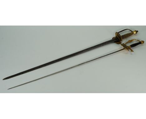 An Edward VII dress sword, by Hobson &amp; Sons, etched blade with gilt brass hilt and shell guard bearing coat of arms of th