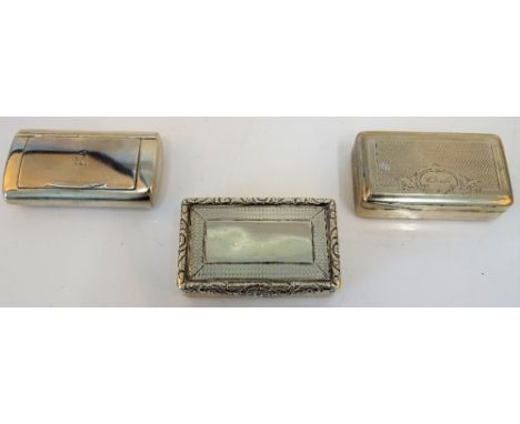 A George III silver curved rectangular snuff box, London 1803, a George IV silver rectangular snuff box, with engine turned d