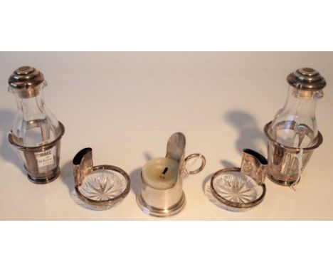 A silver night light candle holder, with a loop shaped handle, Birmingham probably 1914, a pair of foreign silver mounted fac