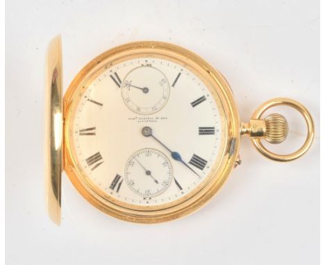 An 18ct gold cased keyless wind hunting cased gentleman's pocket watch, the gilt three quarter plate jeweled lever movement, 