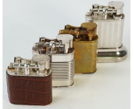 Four various Dunhill lighters, to include a leather bound petrol lighter and a brass cased gas lighter, (4). Condition Report