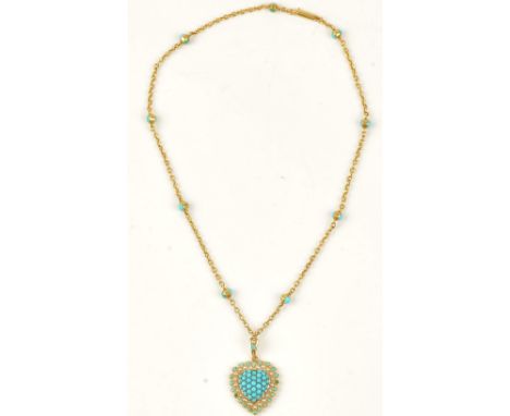 A gold, turquoise and seed pearl set heart shaped pendant locket, fitted to a gold and turquoise set oval link neckchain, on 