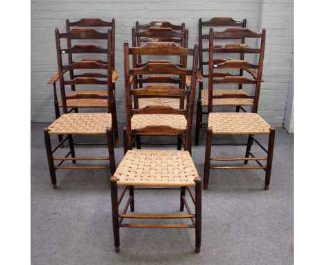 A harlequin set of seven ash ladder back dining chairs, 19th century, having high backs, on rounded legs united by stretchers