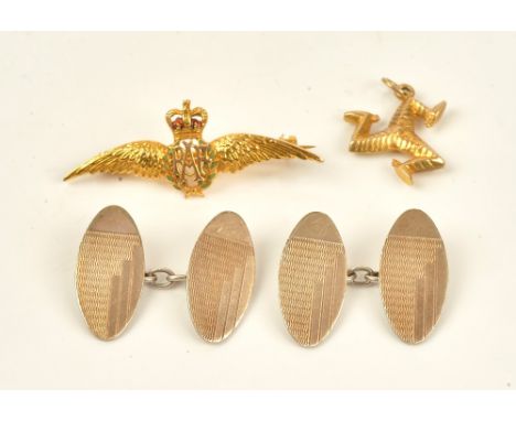 A 9ct gold and enamelled brooch, designed as the badge of the R.A.F, Birmingham 1966, gross weight 3.4 gms, a 9ct gold pendan
