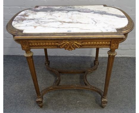 A late 19th century French centre table, the marble inset top, on four fluted gilt supports, united by 'X' frame stretcher, 9