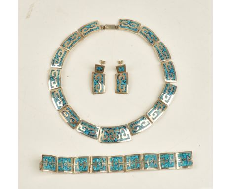 A Mexican blue gem set suite of jewellery, comprising; a panel link collar necklace, a pair of earrings and a bracelet, detai
